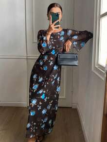 DAZY 印花连衣裙，优雅度假装，长袖圆领喇叭袖口，春秋季吊带裙 - 棕色 - 查看 4