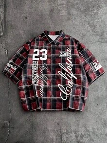 AXEPEAK 男士字母格纹印花短袖单排扣休闲衬衫 - 彩色 - 查看 2