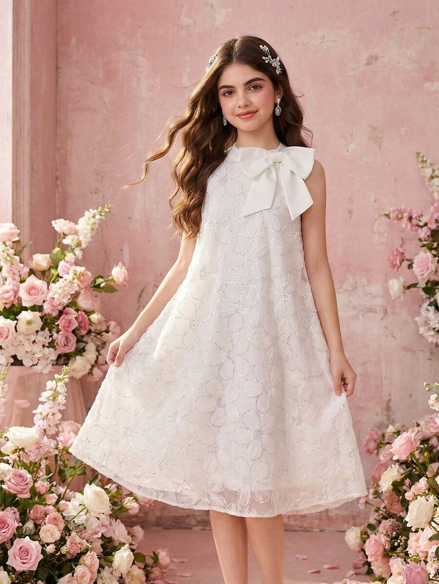 Tween Girls Elegant Floral Pattern Mesh Sequin Dress, Sleeveless Bowknot A-Line Suitable For Party, Wedding, Flower Girl - White - View 1
