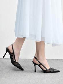 CUCCOO BIZCHIC 优雅女士露跟高跟鞋，网眼拼接T字带设计，尖头细高跟鞋 - 黑色 - 查看 4