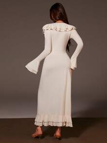 Athîral 女士纯色休闲荷叶边连衣裙 - 米色 - 查看 2