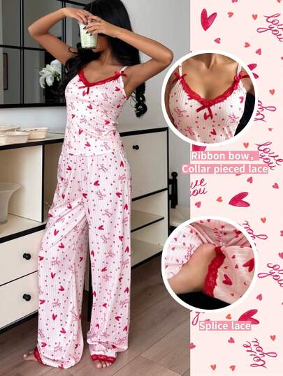 ZzzCrew Pink "Pajamas" Heart Print Women Sleepwear, Sexy Silk Contrast Lace Camisole And Ribbed Pants Set