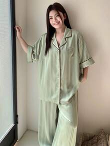 Dazy Plus 大码女士舒适条纹印花睡衣套装 - 綠色 - 查看 5