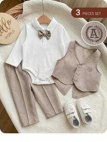 3pcs Newborn Baby Boy Preppy Style Cute Casual Vest Jacket, Pants And Bow Tie Romper Set