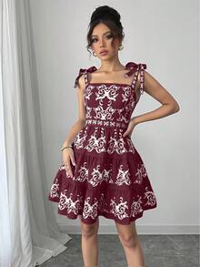 Rafferiza 复古极简刺绣系带吊带短裙 - 玫紅色 - 查看 3