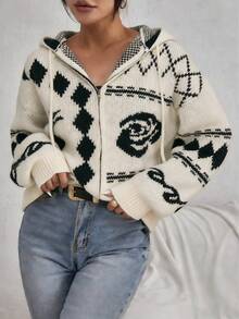 INAWLY Women's Drop Shoulder Long Sleeve Hooded Zip-Up Sweater Jacket, Winter - Beige - View 1