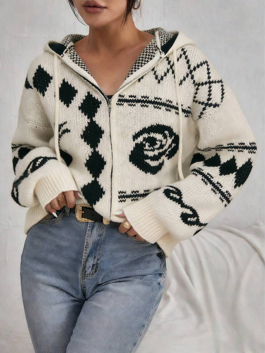 INAWLY Women's Drop Shoulder Long Sleeve Hooded Zip-Up Sweater Jacket, Winter - Beige - View 1