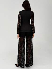 Aloruh Black Minimalist Commuting & Date Night Deep V Lace Waist Cinched Women's Suit Jacket + Wide Leg Lace Pants - Black - View 6
