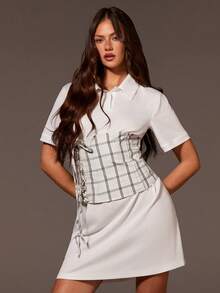 Athîral 2pcs Women's Casual White Polo Dress Set With Corset Belt, Beige Plaid Waist Cincher, Short Sleeve White Dress, Multi-Way Wear,White Dresses,Casual Women's Dresses,Vacation Outfits Women,Holiday Dress,Vacation Outfits For Women,Spring Outfit Women,Spring Break Outfits,Summer Dresses,Valentine's Day Dress,Carnival Outfit - Multicolor - View 5