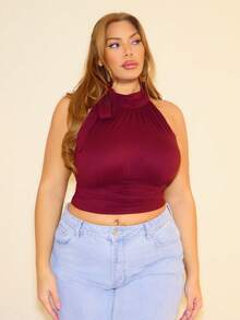 MelDlgn 大码高领蝴蝶结褶皱酒红色衬衫 - 酒紅色 - 查看 1