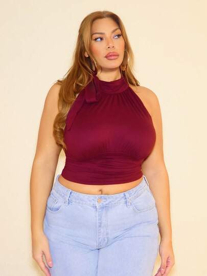 MelDlgn 大码高领蝴蝶结褶皱酒红色衬衫