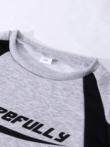 Teen Girls Grey Polyester Raglan Long Sleeve Round Neck Hoodie And Sweatpants Co-Ords With Letter Pattern And Side Stripe For Everyday Casual Style - Grey - View 3