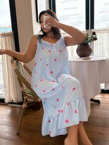 Dream Adore Áo ngủ cỡ lớn dáng rộng, không tay, dây đeo rộng, in hình trái tim kẻ sọc. - Nhiều màu - Xem 1