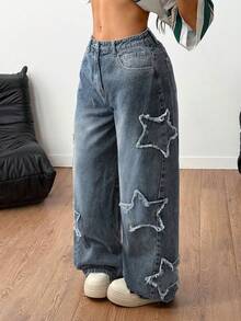 Jeans desgastados con estampado de estrella de estilo atlético y grunge para mujeres - Azul 4 - Ver 5