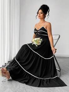 Elenzga 大码女装夏季新款黑白撞色度假风复古性感束腰木珠吊带连衣裙。适合场合：度假、日常休闲穿着、轻度社交场合、约会、正式活动、小型晚宴、小型派对、朋友聚会。 - 黑與白 - 查看 2