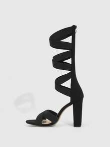 CUCCOO SZL Black Suede Chunky High Heel Sandals, Criss-Cross Strap Design With Side Zipper, Chic & Stylish For Commute And Date - Black - View 4