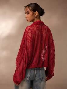 SHEIN Glamour Women Three Quarter Kimono Sleeve Red Sheer Blouse With Shawl Collar Regular Fit Sexy Patterned Top Sheer Cardigan Women Red Mesh Top Red Blouses Lace Kimono Red Lace Top - Red - View 2