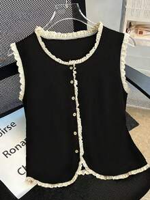 GlowEve Women's Fashionable & Elegant Lace Patchwork Button Camisole - Black - View 1