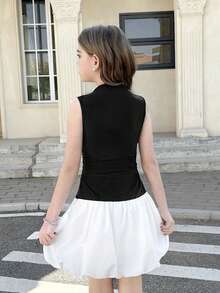 SHEIN 女童优雅无袖撞色拼接串珠立领泡泡裙 - 黑與白 - 查看 7