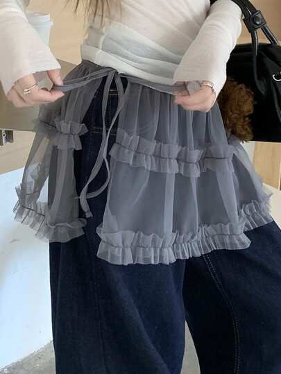 FRIFUL 女士纯色透视网纱面料多层抽绳荷叶边下摆宽松休闲百搭半身裙