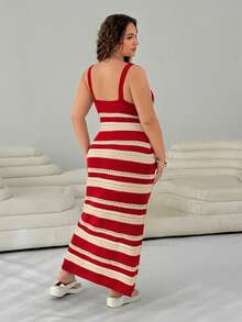 SHEIN EZwear Đầm maxi len móc cỡ lớn dành cho kỳ nghỉ hè - Đỏ và trắng - Xem 3