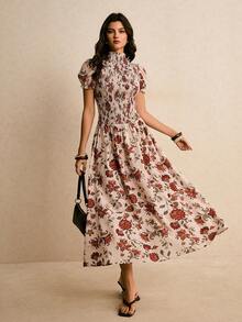 Poéselle 女士印花褶皱立领短泡泡袖优雅连衣裙，适合度假穿着 - 杏色 - 查看 5