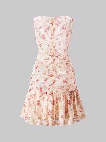 SHEIN 少女碎花印花腰带蝴蝶结A字针织连衣裙，优雅百搭，适合外出、约会、夏季穿着、海滩度假等各种场合。 - 彩色 - 查看 8