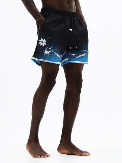 SUMWON Drawstring Beach Shorts With Hibiscus Floral Print And Ombre Blue Design For Summer Vacation Swimming Pool Holiday