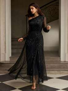 ZEYLAH Sequin Asymmetric Waist Maxi Dress, Autumn/Winter - Black - View 4