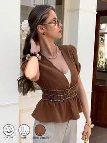 Elyressa Women's Casual Deep V-Neck Short Sleeve Shirt - Brown - View 3