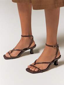 SHUZIA Women's Elegant Minimalist Square Toe Ankle Strap Kitten Heel Sandals