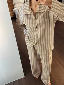 DAZY Women's Striped Print Drop Shoulder Loose Long Sleeve Shirt And Pants Pajama Set, Spring/Autumn - Green - View 1