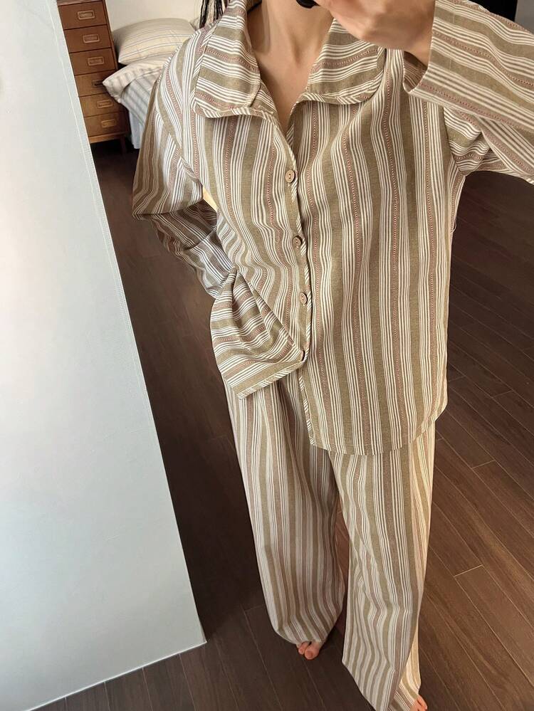 Women's Striped Print Drop Shoulder Loose Long Sleeve Shirt And Pants Pajama Set, Spring/Autumn