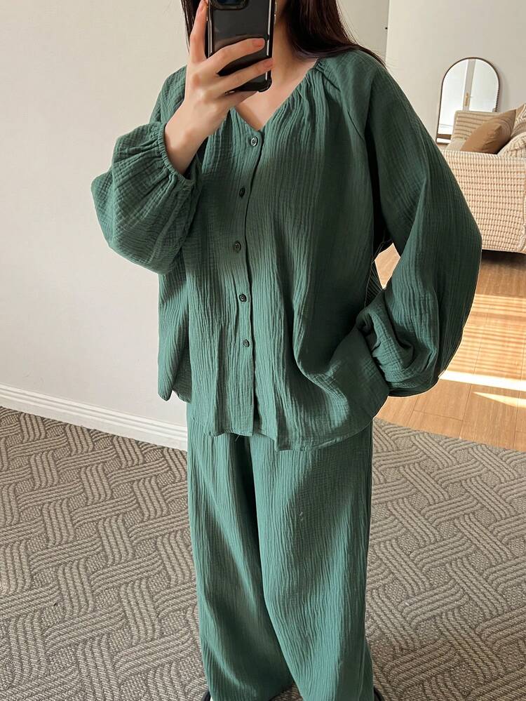 Green Minimalist Textured Chiffon Pleated Collar Lantern Sleeve Loose Women Pajama Set