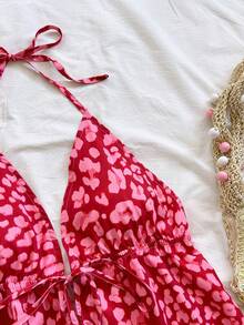 Soleia 女士度假时尚经典豹纹V领吊带性感吊带背心和宽松超短裤两件套，适合约会、派对、城市街头度假 - 彩色 - 查看 3