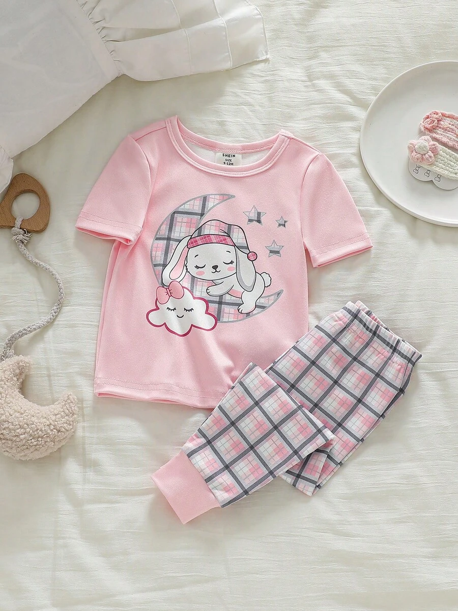 Genkimix Kids 2件套女婴可爱云朵、月亮、兔子印花短袖上衣和打底裤贴身睡衣套装 女婴睡衣 婴儿睡衣套装 女婴睡衣 - 淺粉色 - 查看 1