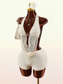 Amplova Women's Off-White Summer Seksi Chic Vacation Holiday 2 Pieces Set Metal Starfish Draped Backless Halter Neck Top And Nautical Shorts Clothes - Apricot - View 2