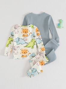 Cozy Pixies 4pcs Baby Boy Snug Fit Pajama Set - Round Neck Long Sleeve Top And Elastic Waist Long Pants Boys Pajama Sets Cotton Baby Pj Set Boy Baby Boy Clothes Dinosaur Baby Unisex Clothes Sets Baby Boy Clothes Long Sleeve - Multicolor - View 2