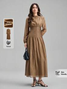 Ontre 2026春夏新款棕色纯色收腰长裙，优雅女装，外套，办公装，女士套装，教师制服，夜店装，冬季服装，女士商务休闲装，复古风，休闲街头风，情人节及狂欢节服装，女士沙滩及派对优雅连衣裙 - 棕色 - 查看 1