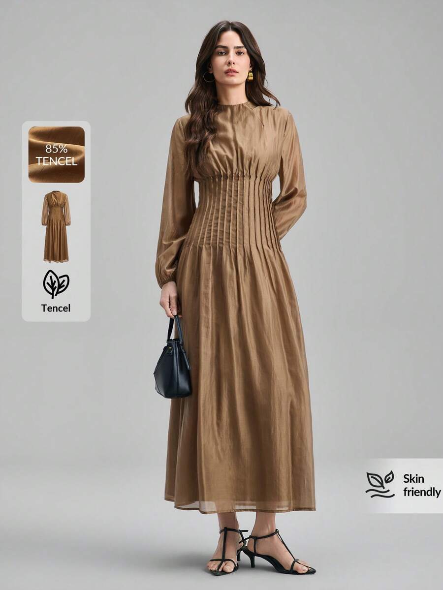 Ontre 2026春夏新款棕色纯色收腰长裙，优雅女装，外套，办公装，女士套装，教师制服，夜店装，冬季服装，女士商务休闲装，复古风，休闲街头风，情人节及狂欢节服装，女士沙滩及派对优雅连衣裙 - 棕色 - 查看 1