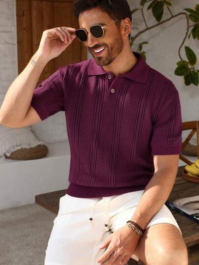 Manfinity Mode Men's Solid Color Polo Collar Short Sleeve Casual Commuter Knit Top Summer College Style Pattern Polo Men Men Buttoned Knitted Polo Polo Shirts For Men Coll Ar Knitted Shirt For Men Crochet Tops For Men  Easter