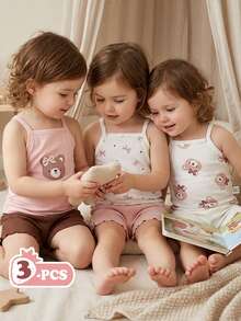 Vintaside Kids 3件套女婴提花吊带背心。无袖设计，清爽透气，可爱时尚，马卡龙粉彩色系，甜美又显身材。面料柔软舒适，休闲可爱风格，适合春夏外出、户外玩耍、度假、日常穿着和旅行。 - 彩色 - 查看 7