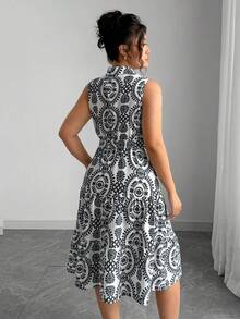 Elenzga 大码女式植物印花单排扣休闲无袖衬衫裙 - 彩色 - 查看 2