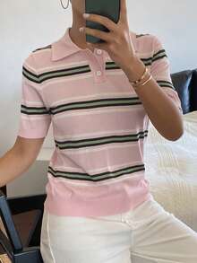 DAZY Women's Contrast Stripe Fitted Short Sleeve Polo Collar Casual Lightweight Knit Sweater Top, Spring/Autumn - Pink - View 5
