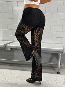 SHEIN DivaQ 女士黑色蕾丝性感休闲Y2K亚文化街头风喇叭裤，春夏款 - 黑色 - 查看 2