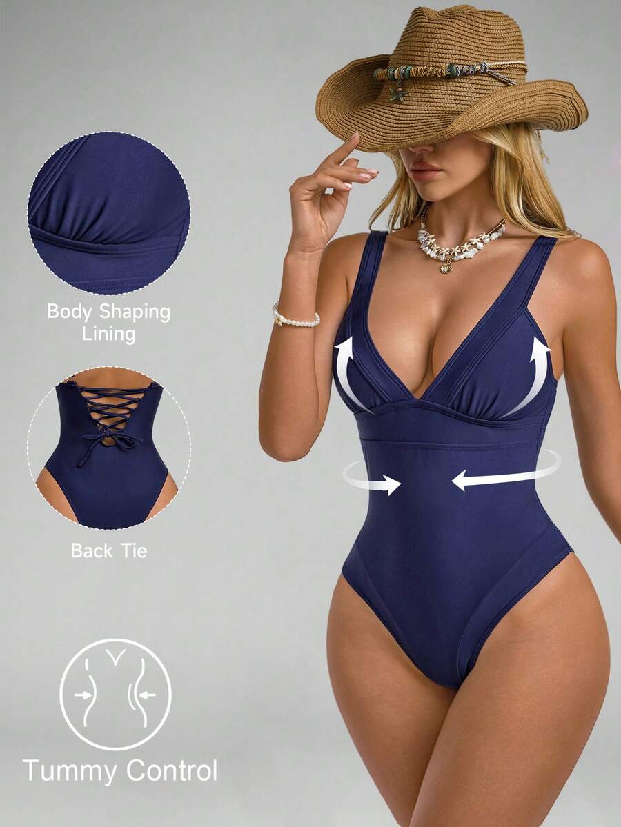 Shapewave 1 pieza Traje de baño de una sola pieza con control de abdomen, escote con cordones y espalda descubierta, estilo patchwork, color azul marino, para estilizar la figura en la playa o vacaciones - Azul Marino - Ver 1