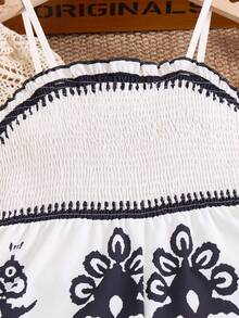 SHEIN ChillGRL 少女优雅褶皱印花无袖阔腿连体裤，适合休闲、度假、家庭聚会、日常通勤、春夏穿着。 - 杏色 - 查看 4