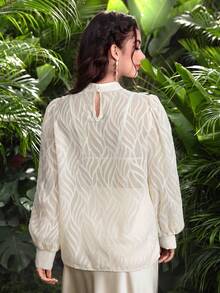 Modelyn Women's Elegant Silk Crinkle Long Sleeve Floral Blouse, Spring/Summer - Apricot - View 2