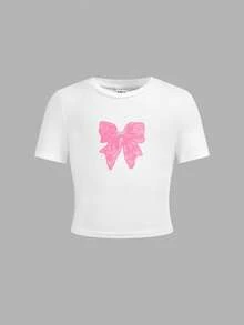 2 Stücke/Set Kleine Mädchen Weißes T-Shirt mit Schleifen Muster & Rosa Blumen Muster Hose, Lässig, Modisch, Vielseitig, geeignet für Ausflüge, Schwester Fotoshootings, Parkbesuche, Camping, Urlaub, Alltags Lässig Tragen - Verschiedenfarbig - Übersicht 8