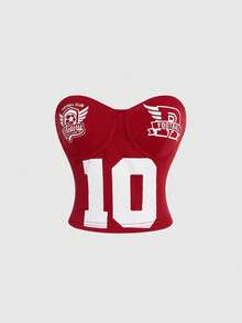 ROMWE Avant 运动宝贝无肩带足球号码印花修身背心 - 酒紅色 - 查看 1